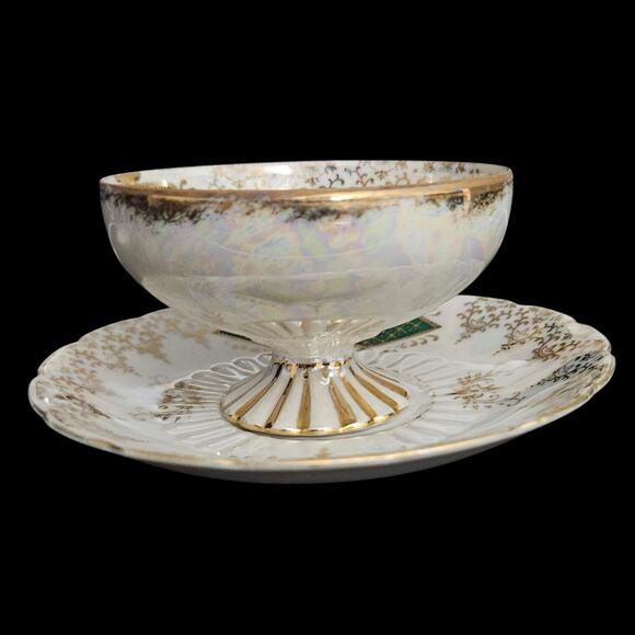 Royal Sealy Japan Pedestal Luster Footed Teacup & Saucer Green Gold Floral - Picture 3 of 10